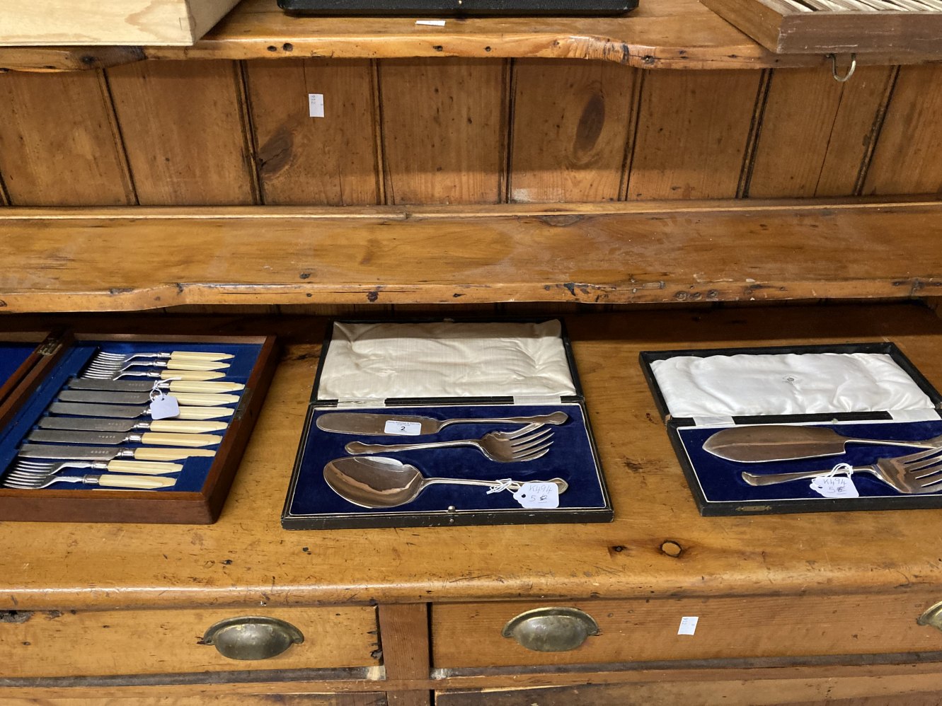 20th cent. Electroplate Mappin & Webb serving set, another unmarked, plus six knives and forks,