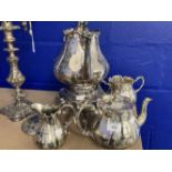 19th cent. Silver plated tea kettle on burner stand, the shaped body with engraved scrolling