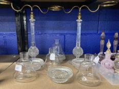 1890-1900 Clarke's cricklite candle holder twin lamp glasses on brass fittings, a pair.