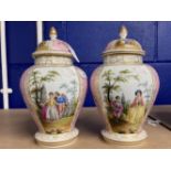 20th cent. German ovoid vase and cover, figure painted panel, with pink ground floral panels and