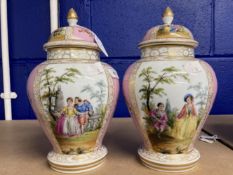 20th cent. German ovoid vase and cover, figure painted panel, with pink ground floral panels and