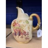 19th cent. Ceramics: Royal Worcester blush flatback ewer decorated with floral decorations, gilt