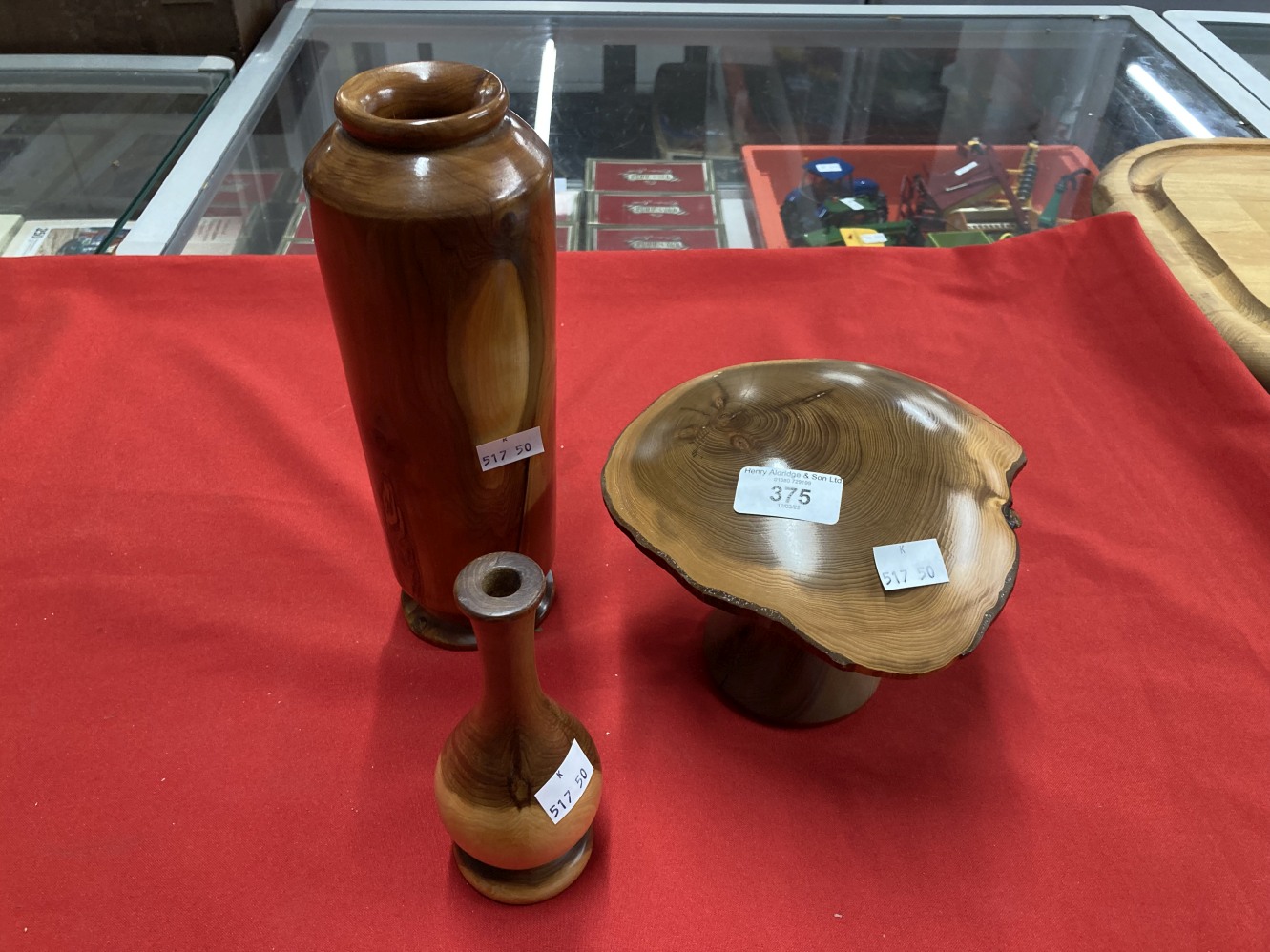 20th cent. Studio Treen: Mick Jarvis yew wood elegant vase 10ins, yew wood vase 6ins, plus toadstool