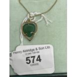 Jewellery: Yellow metal necklet with heart pendant attached set with a green agate, tests as 18ct