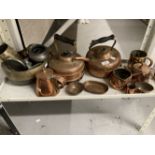 19th/20th cent. Metalware: Copper kettles x 2, chocolate and other pots, decorative mugs x 2, dishes