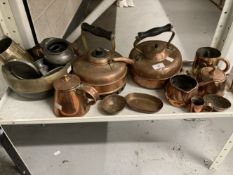 19th/20th cent. Metalware: Copper kettles x 2, chocolate and other pots, decorative mugs x 2, dishes