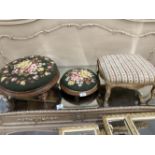 Late 19th cent. Mahogany upholstered footstools, one circular stool 15ins, the other 11½ins, and a