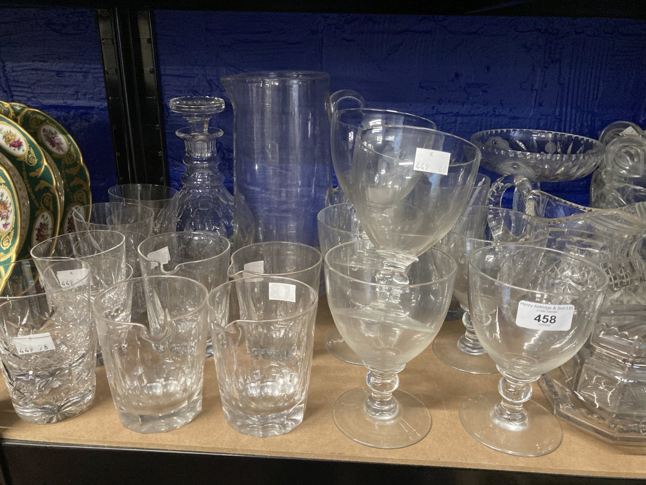 Early 20th cent. Glass: Knop stem wineglass x 6 plus lemonade jug (1A/F), together with rinsers x 4.
