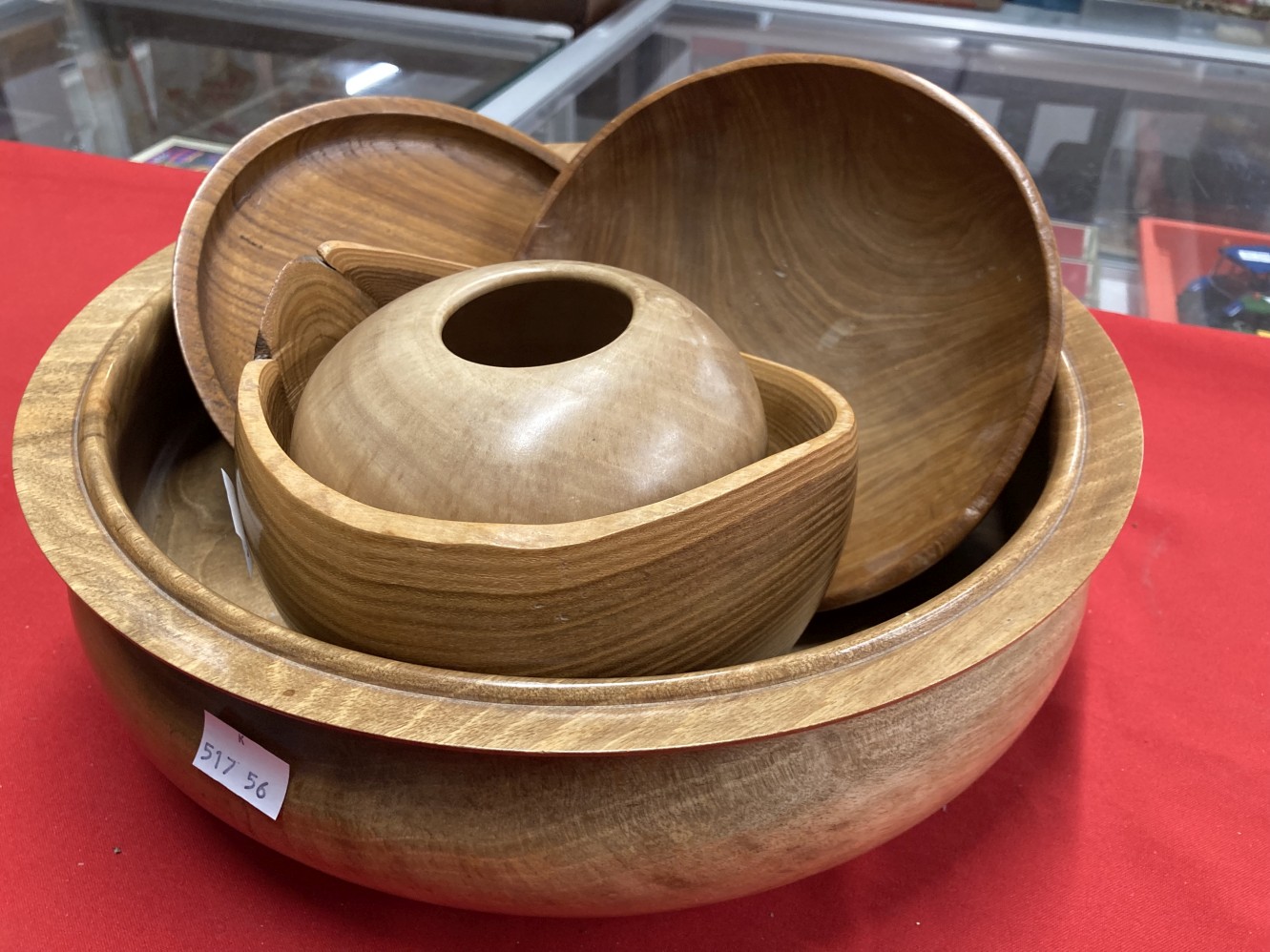 20th cent. Treen: Turned English walnut large rimmed bowl 13ins, small limewood bowl 5ins, block - Image 4 of 6