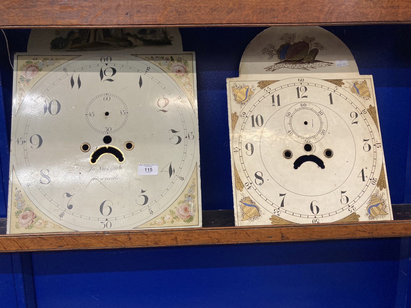 Clocks: Painted longcase arch dial clock faces, one John Nicholson Newcastle. 20ins. and 17ins. (2)