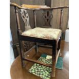 19th cent. Rustic corner chair with pierced splat back and drop in seat, mixed hardwood.