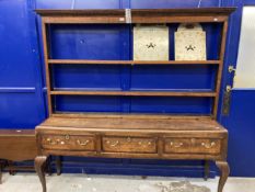 18th cent. Oak dresser the base with three drawers brass handles crossbanded with mahogany on