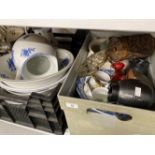 Ceramics: Two blue and white jug and bowls, chamber pots, two pottery jugs, two boxes, a brass