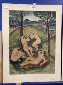 Carlos Schneider (1889-1932): Watercolour on board nude figures in a landscape, mounted to card.