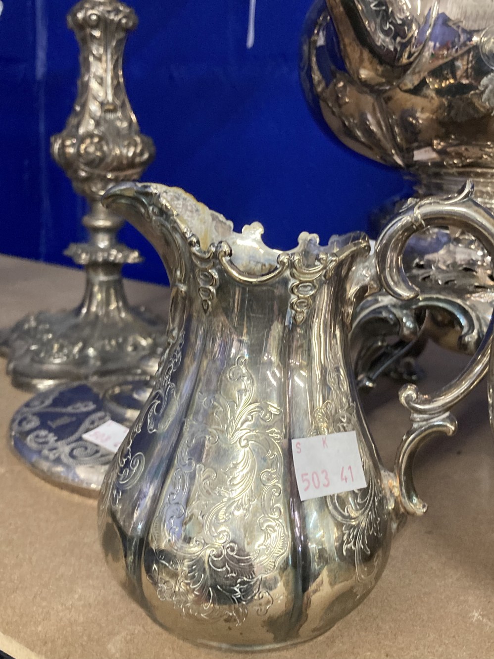 19th cent. Silver plated tea kettle on burner stand, the shaped body with engraved scrolling - Image 3 of 3