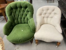 Victorian button back upholstered armchair with turned legs on castors. Width 28ins. Depth 32ins.
