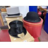 Gentlemen's Millinery: Grey morning top hat, silk top hat, both Austin Reed, and a bowler hat