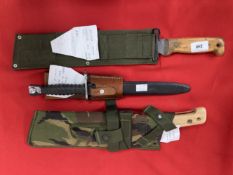 Militaria/Edged Weapons: Swiss FUM 57 bayonet and scabbard and two British post-1970s machetes. (3)