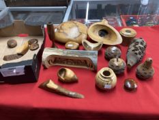 20th cent. Treen: Australian banksia nut carvings, pear, apple, two others, plus other miscellaneous