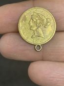 Coins: Gold US Coronet Head, Half Eagle 5 Dollars 1878 with mount ring. 8.5g.