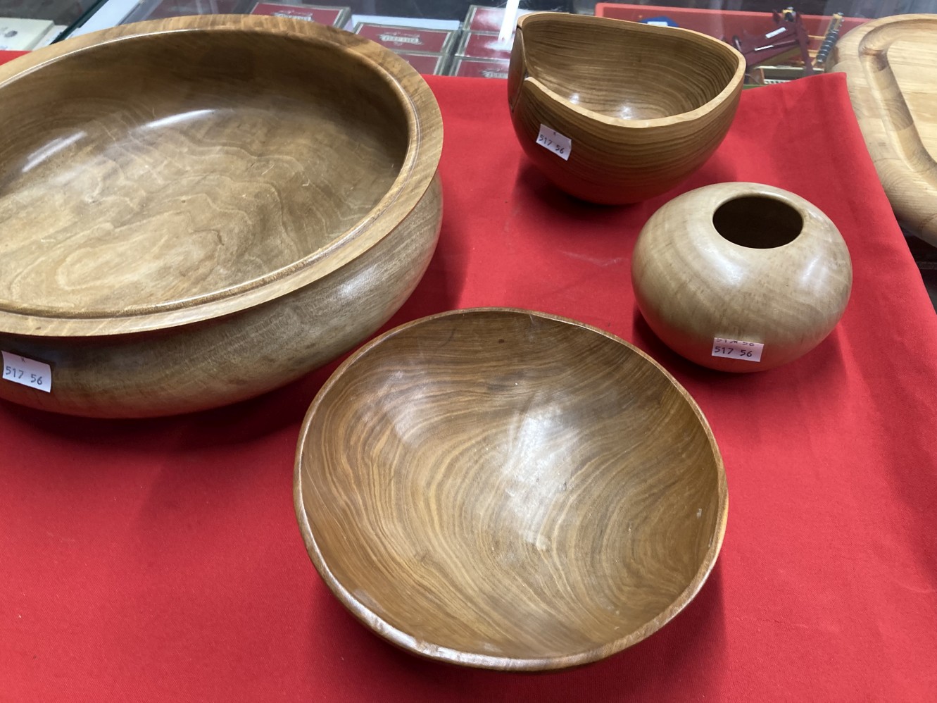 20th cent. Treen: Turned English walnut large rimmed bowl 13ins, small limewood bowl 5ins, block - Image 5 of 6