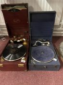 Mechanical Music: 1930s Edison Bell portable gramophone player 'Electron' with gilt fittings in