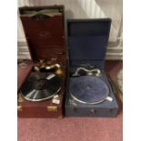 Mechanical Music: 1930s Edison Bell portable gramophone player 'Electron' with gilt fittings in