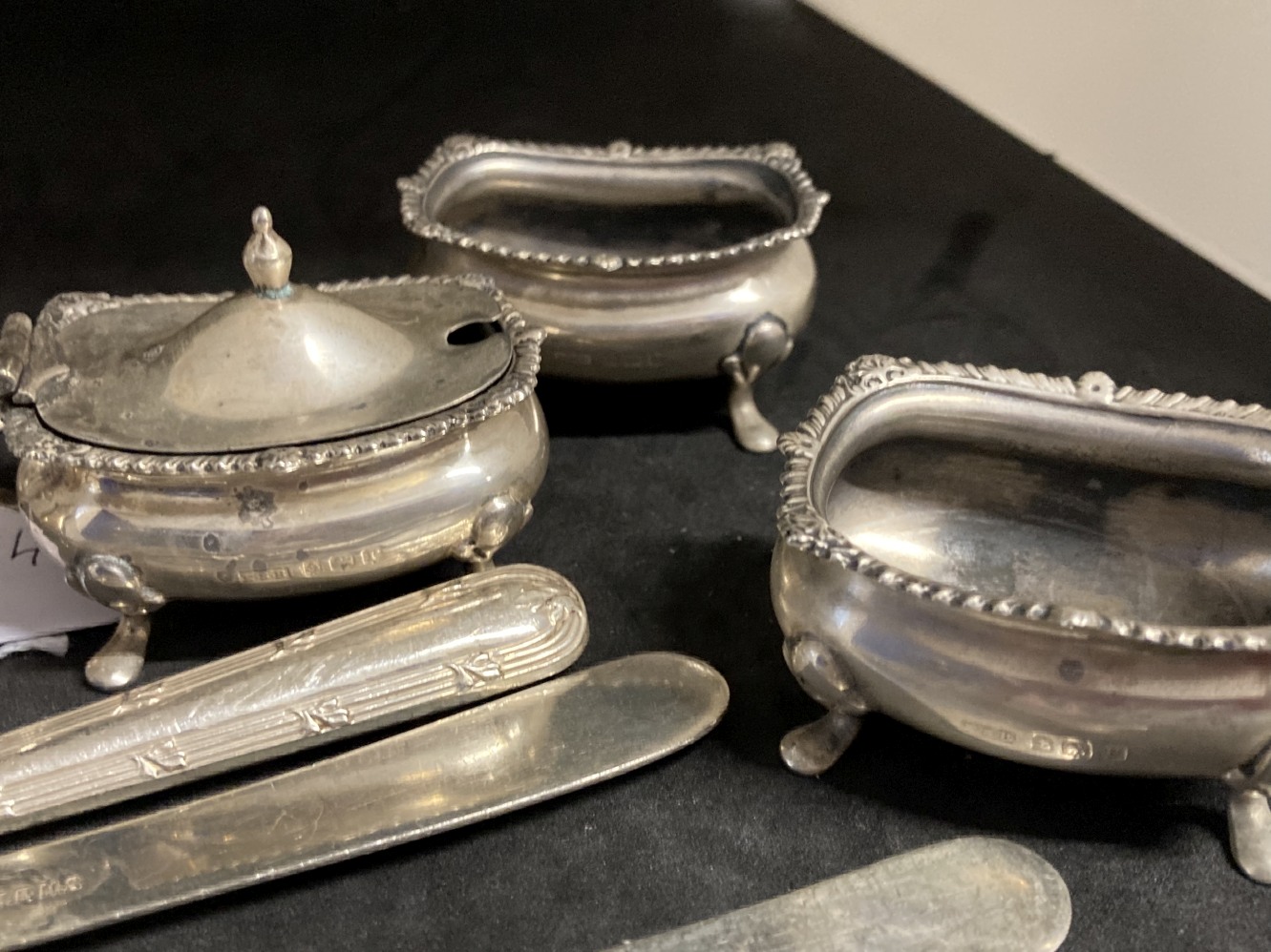 Hallmarked Silver: condiments, mustard x 2, lidded mustard, salt and pepper, Birmingham 1916-17, - Image 3 of 3