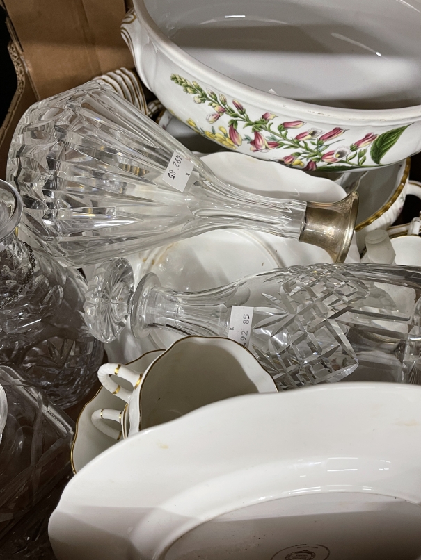 Cut glass decanters and stoppers, one with a porcelain port label. (4) Plus part Derby tea set.