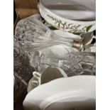 Cut glass decanters and stoppers, one with a porcelain port label. (4) Plus part Derby tea set.