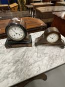 Clocks: Scroll style walnut mantel clock with ebonised mouldings. Width 9½ins. Height 9ins. Plus