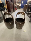 Rustic treen coppered peat buckets. Height 24ins. Dia. 13ins. Plus one other. Height 13ins. Dia.