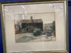 Alexander Keller Brown: Watercolour, Scottish cottage and figures, framed and glazed.