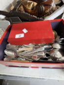 Platedware: Large selection of silver plate flatware in box.