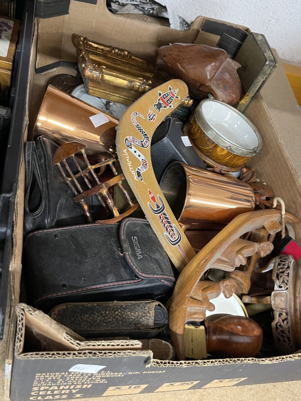 Mixed lot to include cameras, treen, watches, a pair of barley twist candlesticks, ebony elephant