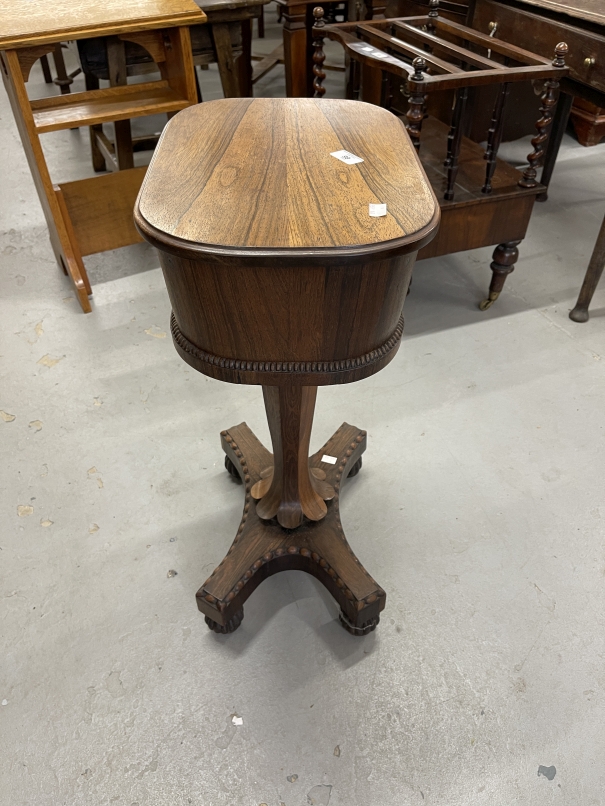 William IV rosewood work box oval hinged top above a broad frieze on a shaped pedestal column - Image 2 of 4