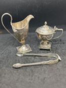 Hallmarked Silver: Helmet jug, honey pot, sugar nips, mixed dates and hallmarks. Total weight 12.