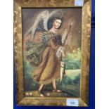 Cuzco School: Archangel Raphael oil painting, framed. 7¼ins. x 11¼ins.