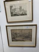 19th cent. Pencil study cottages and ruined tower unsigned, framed and glazed. 15ins. x 12ins.