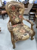 Victorian walnut nursing chair cabriole legs with scroll open arms, shaped carved back. Width 26ins.