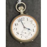 Watches: Goliath Steel pocket watch signed Rowell of London, slight chip to the enamel face. Dia.