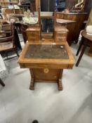 Edwardian oak inlaid davenport with raised super structure, central mirror flanked by two small