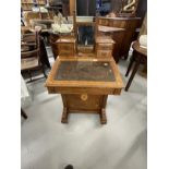 Edwardian oak inlaid davenport with raised super structure, central mirror flanked by two small