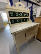 Edwardian painted washstand marble top, ten tiles to the splash back on turned legs.