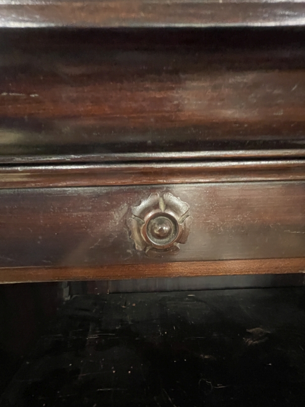 19th cent. Mahogany open bookshelves moulded cornice, applied rosettes above central section flanked - Image 2 of 2