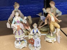 20th cent. Ceramics: Crown Naples figurines, dancing boy, seated lady, lady in court dress, girl