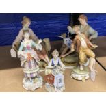 20th cent. Ceramics: Crown Naples figurines, dancing boy, seated lady, lady in court dress, girl