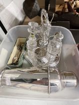 Silver Plate: Condiments stand with pepperette, salt cellar and mustard pot, a cocktail shaker