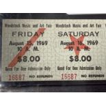 Music/Iconic Festivals: Woodstock August 1969. Three day Admission Ticket No. 16687 August 15-16-17.