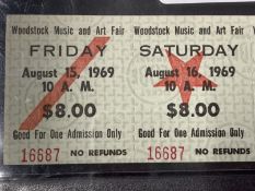 Music/Iconic Festivals: Woodstock August 1969. Three day Admission Ticket No. 16687 August 15-16-17.